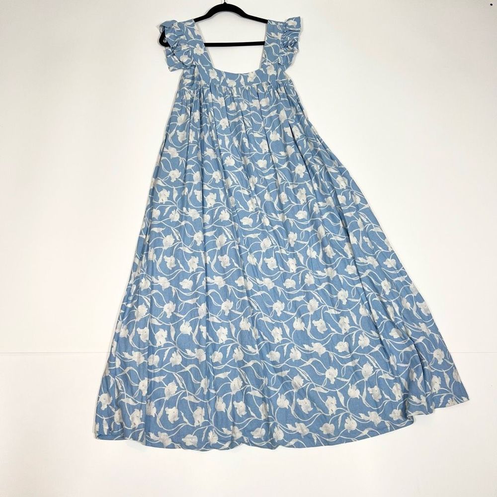 A New Day Dress Womens Maxi Medium Linen Blend Blue Floral Cap Flutter Sleeve